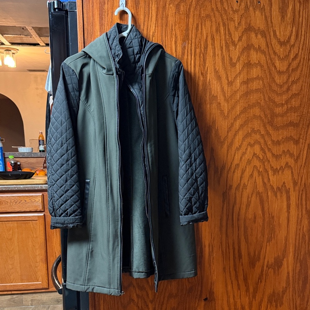 Michael Kors Army Green Coat with Black Quilted Sleeves